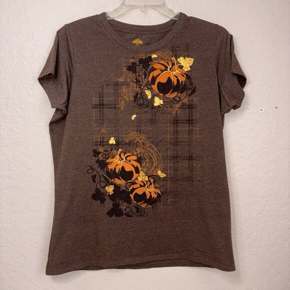 Fall Theme Shirt Womens 18W Measures As XL Brown Pumpkins Thanksgiving - Picture 1 of 7